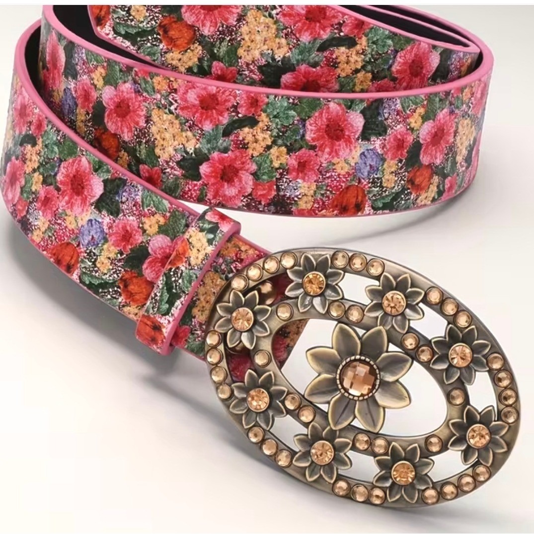Vintage Style Floral Belt S Metallic Accent Jeweled Buckle Romantic Cottage Boho